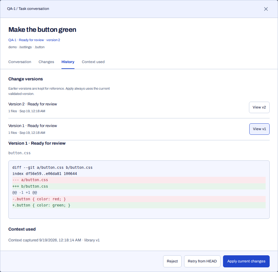 NudgeThis History preserves the earlier patch and the project context used for a button change.